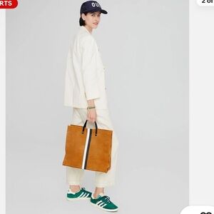 Clare V. Simple Tote Bag in Camel Suede with Stripes Black/White